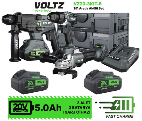 VOLTZ - 20 Volt 5 Amper - Akülü 3 Lü Set - Kırıcı Delici Darbeli Matkap - Avuç Taşlama - VZ20-3KIT-B