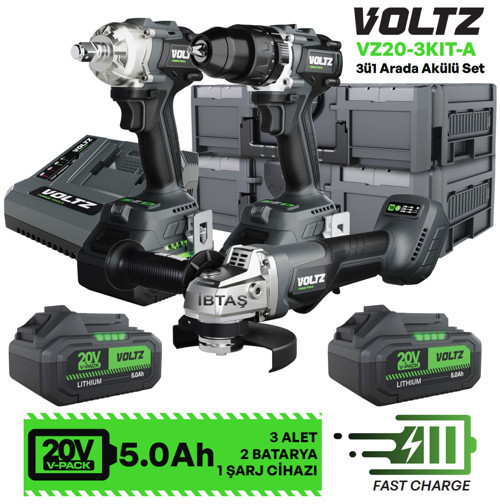 VOLTZ - 20 Volt 5 Amper - Akülü 3 Lü Set - Somun Sökme - Darbeli Matkap - Avuç Taşlama - (VZ20-3KIT-A)