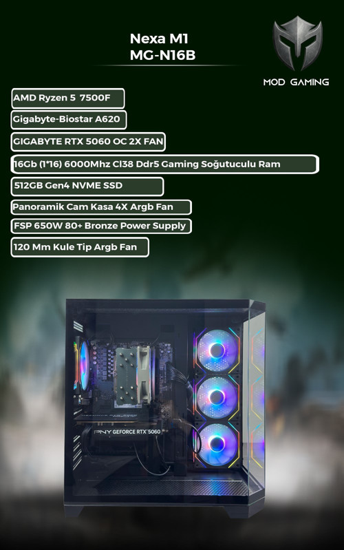 Nexa MG-N16B Amd Ryzen 5 7500F | RTX5060 | 16GB Ram | 512 GB Gen4 SSD | Windows 11 Pro | Oyuncu OEM PAKET
