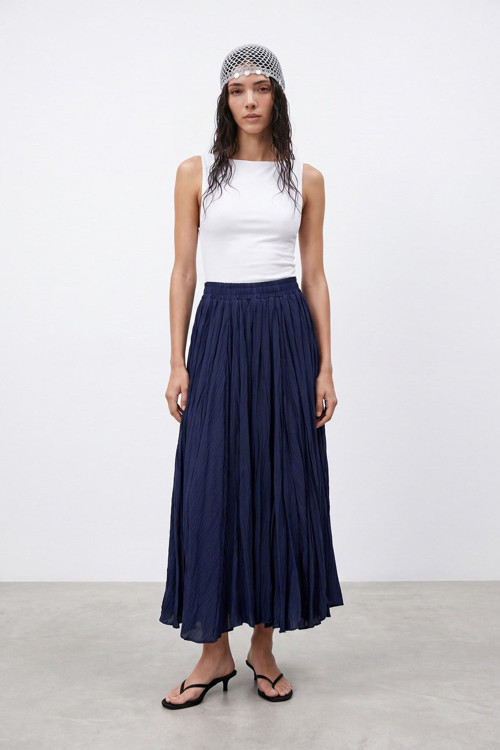Kadın Beli Lastikli Krinkıl Maxi Etek - 18302ETK - NAVY