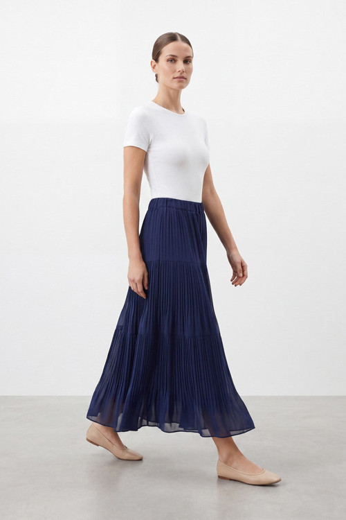 Kadın Beli Lastikli Piliseli Maxi Etek – 18306 ETK - NAVY