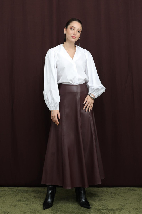 Kadın Fermuarlı Deri Etek - 18203ETK - BURGUNDY