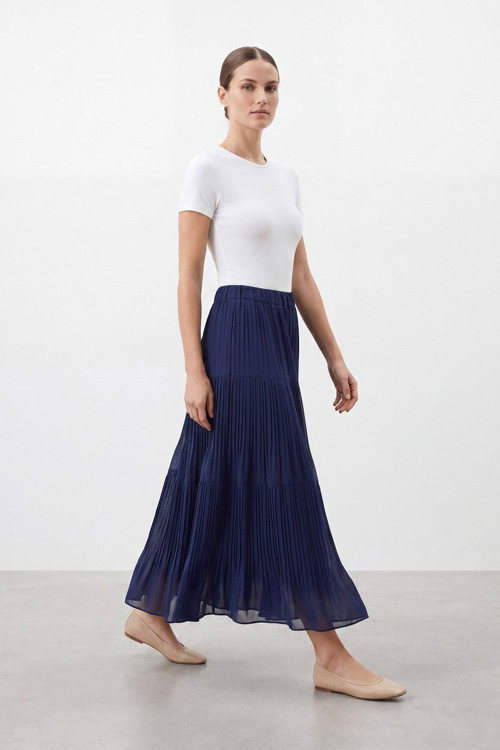 Kadın Beli Lastikli Piliseli Maxi Etek – 18306 ETK - NAVY