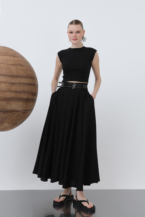 Kadın Çift Kemerli Pileli Etek - 18234ETK - BLACK