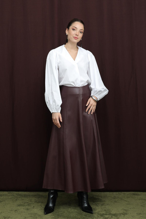 Kadın Fermuarlı Deri Etek - 18203ETK - BURGUNDY