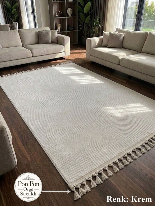 Krem Kaymaz Taban Pon Pon Saçaklı Yıkanabilir Salon Halısı Mutfak Halısı Yolluk