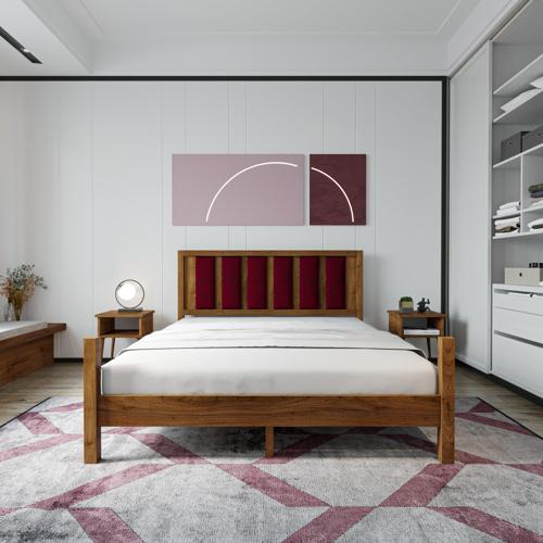 Orion Model Bordo Renk Puflu Başlıklı Ceviz Renk Çam Ahşap Karyola Ve İki Komodin Set 180x200 cm