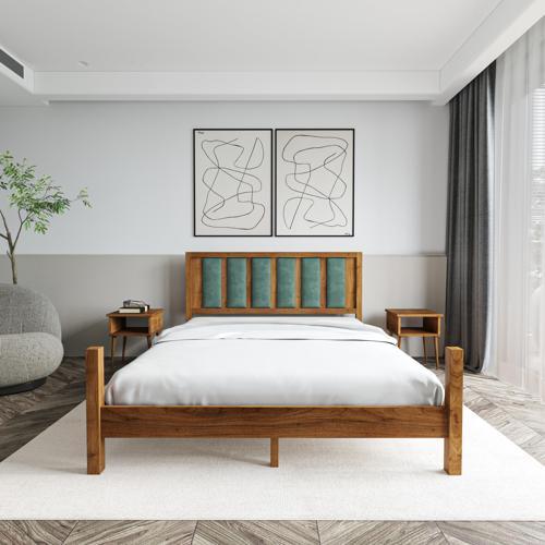 Orion Model Çağla Yeşili Puflu Başlıklı Ceviz Renk Çam Ahşap Karyola Ve İki Komodin Set 90x190 cm