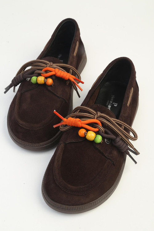 Kadın Kahverengi Süet Boncuk Detaylı Bağcıklı Loafer