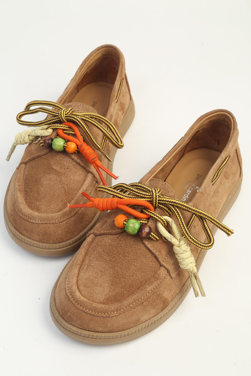 Kadın Vizon Süet Boncuk Detaylı Bağcıklı Loafer