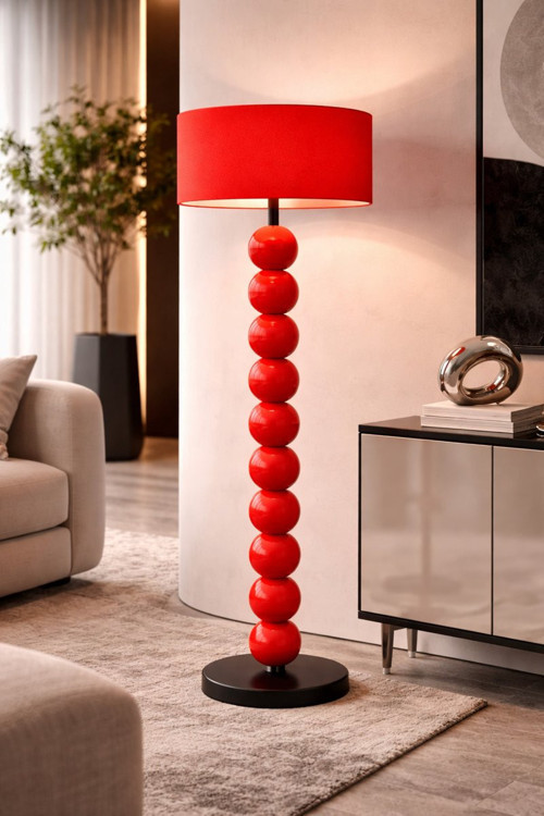 Luxon Kırmızı Ahşap Lambader 160 cm – Modern Dekoratif Ayaklı Lamba, Salon Aydınlatma