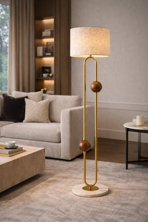 Cevora Gold Ceviz Detaylı Modern Lambader 160 cm Mermer Taban Salon Lambader