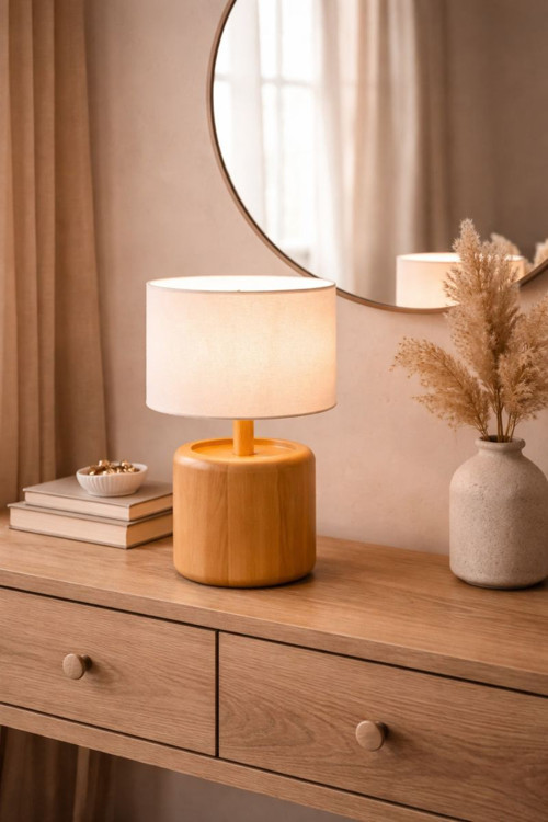 Minimal Ahşap Abajur Modern Dekoratif Masa Lambası 32 cm E27 Gece Lambası Doğal Tasarım
