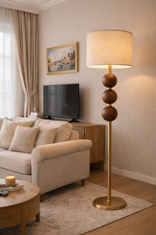 Lunaro Ceviz Küre Gövdeli Pirinç Renk Modern Dekoratif Lambader Keten Başlıklı