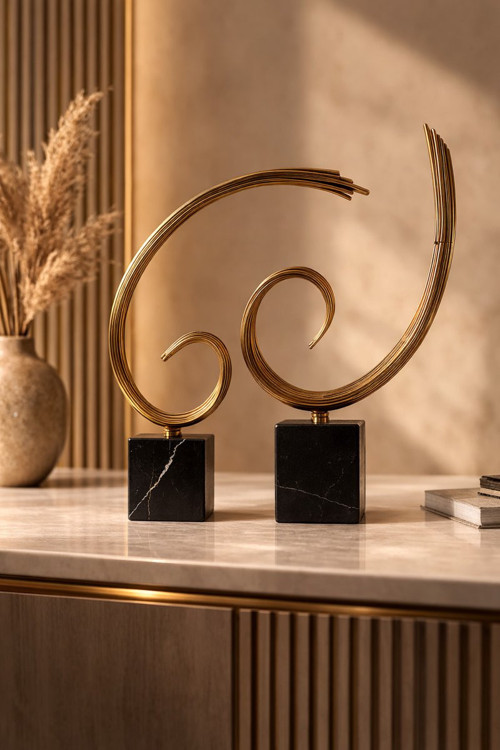 Bravion Bronz Metal Spiral Dekoratif Obje Seti 2’li – Modern Salon Ofis Dekor