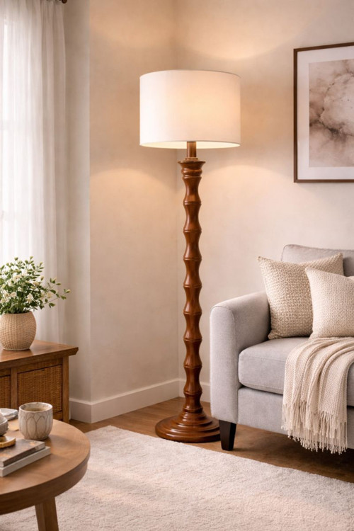 Woodlux Ahşap Lambader Keten Başlıklı Modern Dekoratif Zemin Lambası 160 cm E27