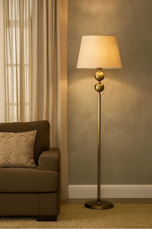 LMD-CK02 Lüks Eskitme Gold Çift Küre Metal Lambader – Krem Şapkalı Modern Salon