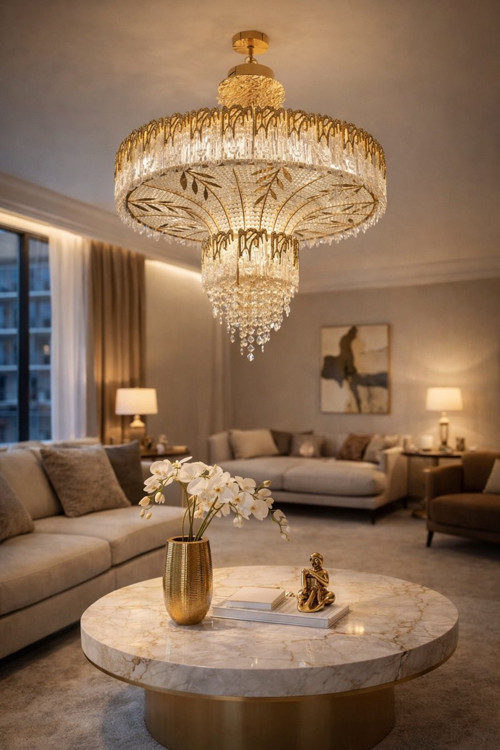 Nova Gold Kristal Sarkıt Avize 80cm E14x25 LED Premium Salon Otel Avizesi