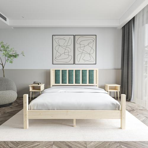 Orion Model Çağla Yeşili Puflu Başlıklı Vernikli Çam Ahşap Karyola Ve İki Komodin Set 90x200 cm
