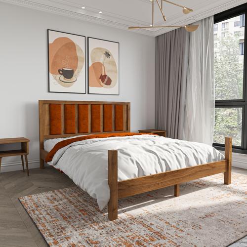 Orion Model Kiremit Renk Puflu Başlıklı Ceviz Renk Çam Ahşap Karyola 90x190 cm