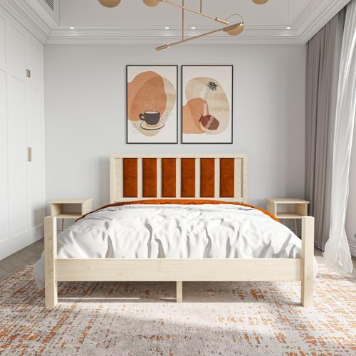 Orion Model Kiremit Renk Puflu Başlıklı Vernikli Çam Ahşap Karyola Ve İki Komodin Set 90x190 cm