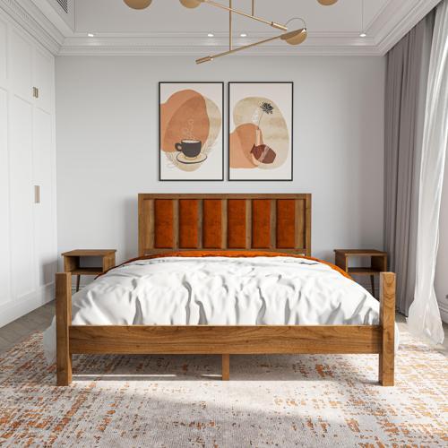 Orion Model Kiremit Renk Puflu Başlıklı Ceviz Renk Çam Ahşap Karyola Ve İki Komodin Set 90x200 cm