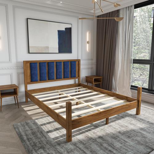 Orion Model Lacivert Puflu Başlıklı Ceviz Renk Çam Ahşap Karyola 90x190 cm