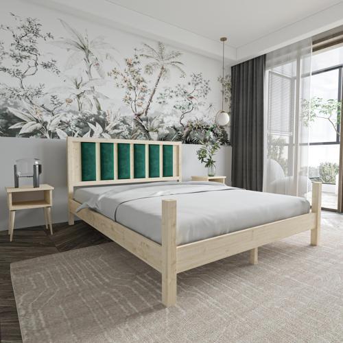 Orion Model Zümrüt Yeşili Puflu Başlıklı Vernikli Çam Ahşap Karyola 90x190 cm