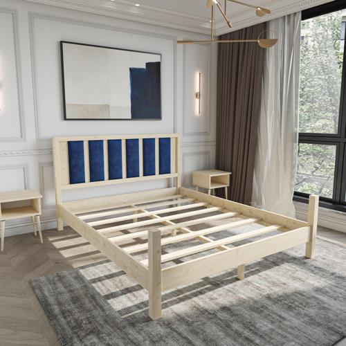 Orion Model Lacivert Puflu Başlıklı Doğal Çam Ahşap Karyola 160x200 cm