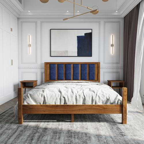 Orion Model Lacivert Renk Puflu Başlıklı Ceviz Renk Çam Ahşap Karyola Ve İki Komodin Set 90x200 cm