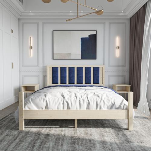 Orion Model Lacivert Renk Puflu Başlıklı Doğal Çam Ahşap Karyola Ve İki Komodin Set 90x200 cm