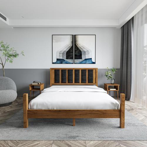 Orion Model Siyah Renk Puflu Başlıklı Ceviz Renk Çam Ahşap Karyola Ve İki Komodin Set 90x190 cm