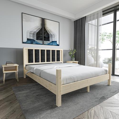 Orion Model Siyah Renk Puflu Başlıklı Doğal Çam Ahşap Karyola 90x200 cm