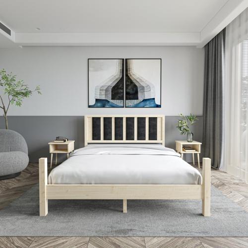 Orion Model Siyah Renk Puflu Başlıklı Doğal Çam Ahşap Karyola Ve İki Komodin Set 90x190 cm