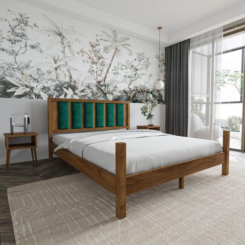 Orion Model Zümrüt Yeşili Puflu Başlıklı Ceviz Renk Çam Ahşap Karyola 90x190 cm