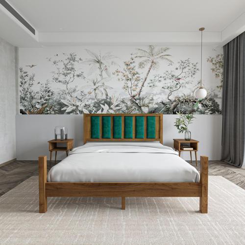 Orion Model Zümrüt Yeşili Puflu Başlıklı Ceviz Renk Çam Ahşap Karyola Ve İki Komodin Set 90x200 cm