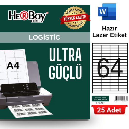 HB-1164 52,5 x 18 mm A4 Laser Etiket (25 Adet)