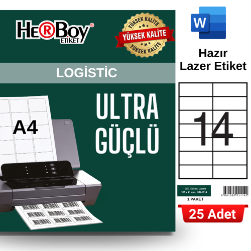 HB-1114 105 x 41 mm A4 Laser Etiket (25 Adet)