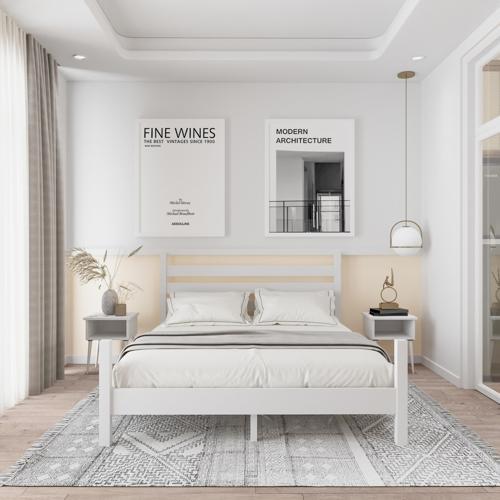 Urban Model Beyaz Renk Çam Ahşap Karyola Ve İki Komodin Set 100x200 cm