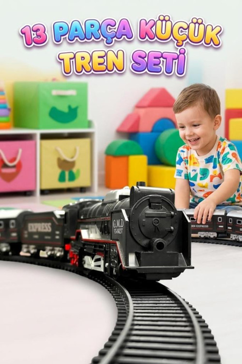 13 Parça Pilli Işıklı Lokomotif Tren Raylı 2 Vagonlu Hareket Eden Eğlenceli Tren Oyuncak Seti