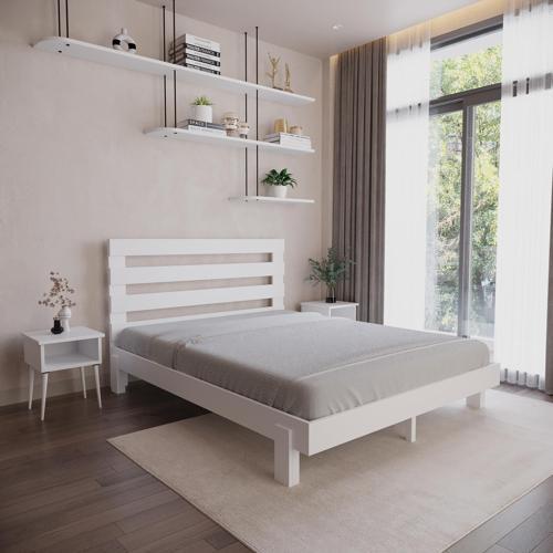 Urban New Model Beyaz Renk Çam Ahşap Karyola Ve İki Komodin Set 90x190 cm