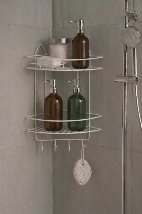 Banyo Köşe Rafı Askılı Duş Organizeri ve Şampuanlık 2 Katlı - 4 Askılı Beyaz EK-02