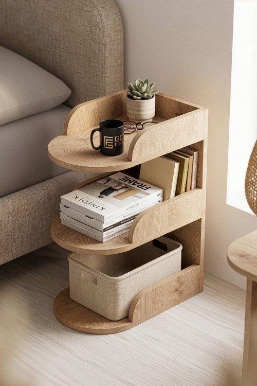 Falez Komodin Modern Ahşap 3 Katlı Raflı Yan Sehpa Çok Amaçlı Organizer Kitaplık Naturel