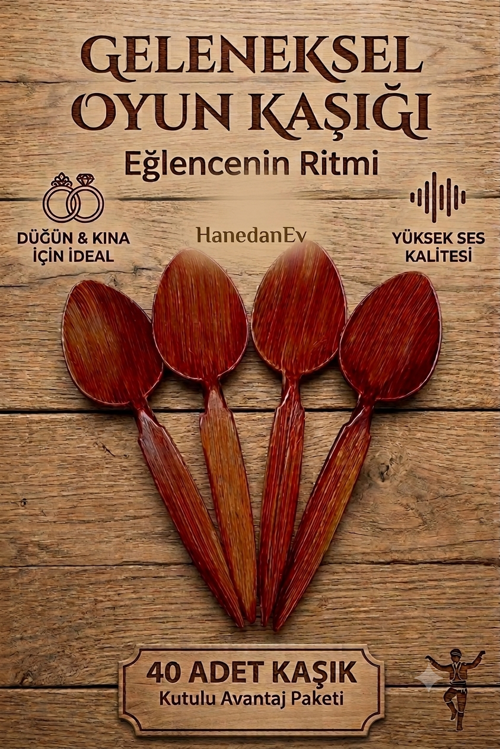 40 Adet Kutulu Ahşap Görünümlü Plastik Kaşık Oyun Havası Kaşığı Düğün Kına Eğlence Kaşığı