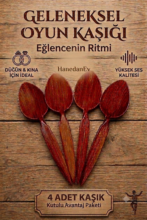 4 Adet Kutulu Ahşap Görünümlü Plastik Kaşık Oyun Havası Kaşığı Düğün Kına Eğlence Kaşığı