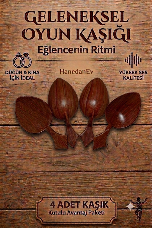 4 Adet Kutulu Ahşap Görünümlü Plastik Kaşık Oyun Havası Kaşığı Düğün Kına Eğlence Kaşığı Kısa Kaşık