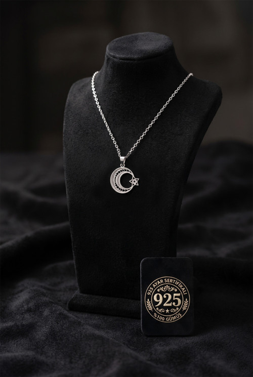 925 Ayar Geleneksel Telkari El İşçiliği Ay Yıldız Gümüş Kolye (17x19mm)