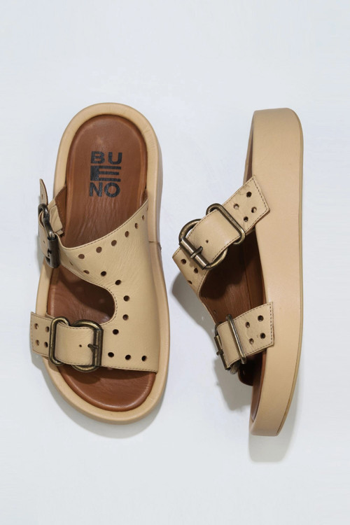 Bej Deri Kadın Dolgu Topuklu Terlik