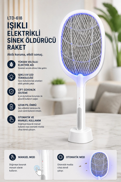 Glr LTD-618 Şarj Edilebilir Sivrisinek Raketi  Sinek Öldürücü Tuzak Lamba Type-C Şarjlı Stantlı