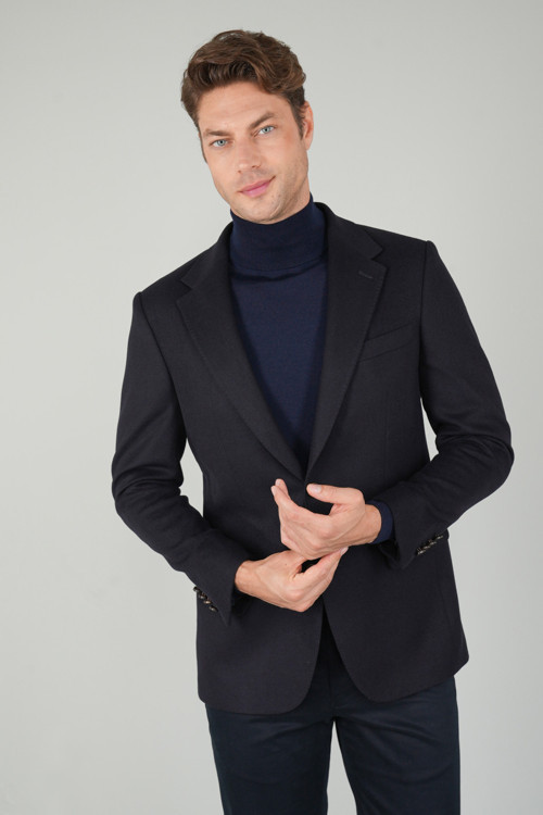 Lacivert Polyester Yün Düğmeli Comfort Mono Yaka Çift Yırtmaçlı 6 Drop Ceket